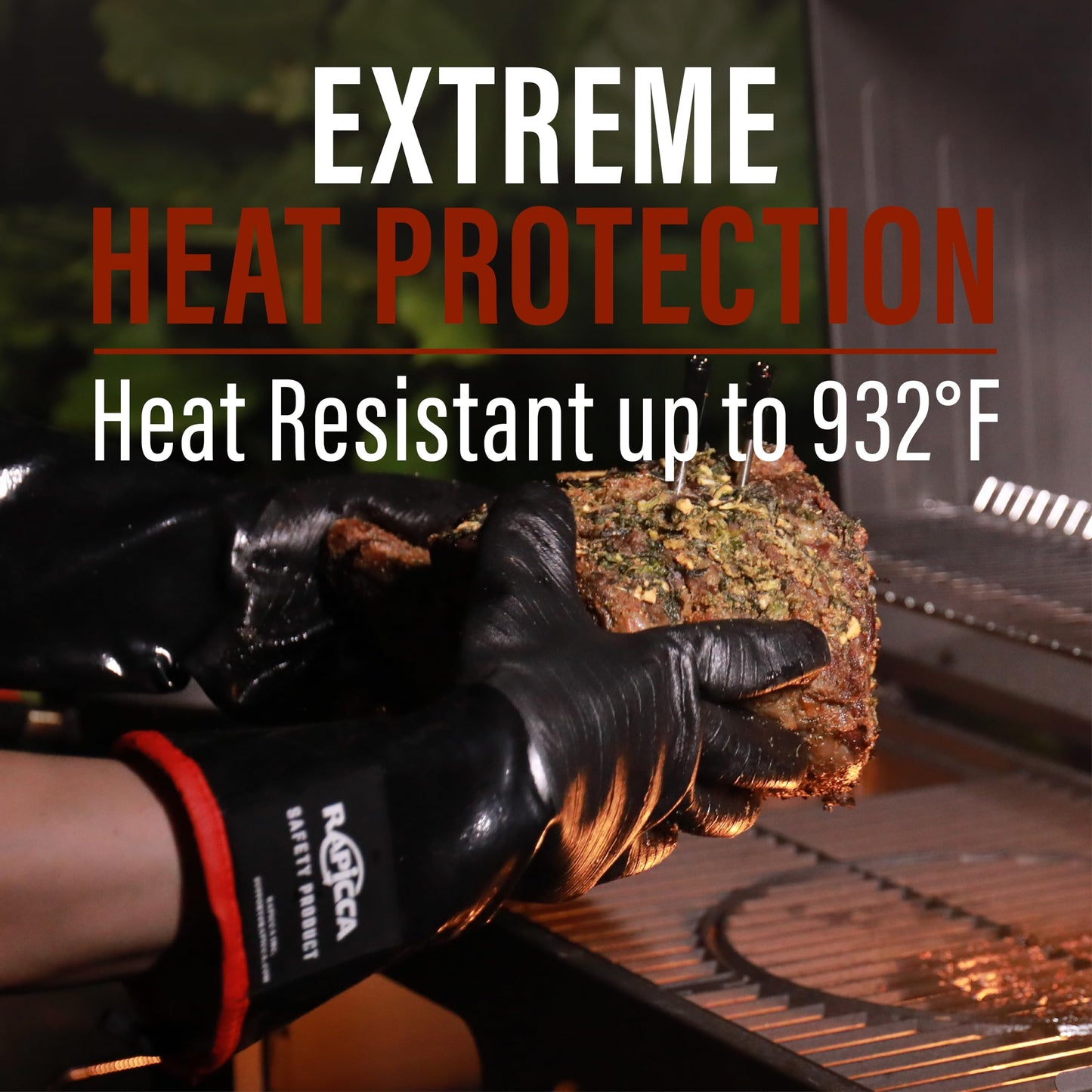 RAPICCA 932°F Heat Resistant BBQ Grill Gloves: Oil Resistant Waterproof for Smoking Grilling Cooking Barbecue Deep Frying Turkey Rotisserie Handling Hot Greasy Meat | Great Stocking Stuffers for Men