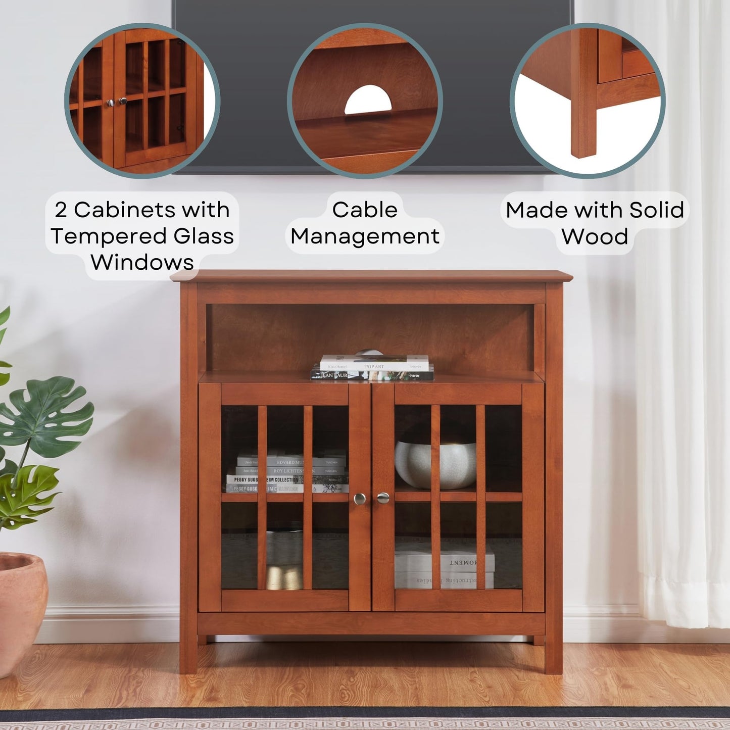 Convenience Concepts Big Sur Highboy TV Stand 36" - Modern Entertainment Center For TVs up to 40", Storage Cabinet for Dining, Living Room, & Entryway, Console Hall Table with Shelves, Cherry