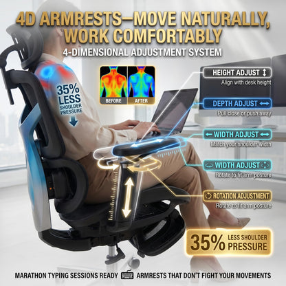 Ergonomic Office Chair with Footrest & 3D Massage Lumbar Support, Adjustable Seat Depth & Back Height,Big and Tall,400lbs, 4D Headrest, 4D Armrests, Reclining Office Chair for Home Office (Black)
