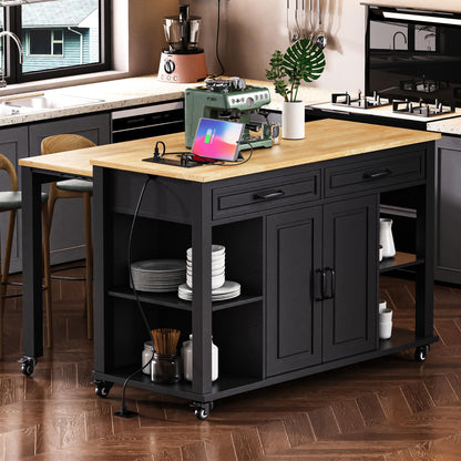 Ball & Cast Kitchen Island with Extendable Dining Table,Rubber Wood Veneer Kitchen Table with Internal Storage Rack,Power Outlet & USB Ports,Kitchen Cart On Wheels W/ 2 Drawers & 2 Cabinets,Black,47"