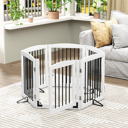 PUPETPO Freestanding Pet Gates with Walk Through Door, Dog Indoor Fence, Dog Gate for The House, Stairs, Extra Wide Pet Gate, Support Feet Included, 120 Inch Wide, 6 Panels 24" Tall, White & Black