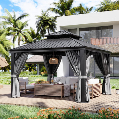 Aoxun 12' X 12' Hardtop Gazebo with Drainage System, Aluminum Outdoor Gazebo with Galvanized Steel Double Roof, Patio Permanent Metal Pavilion with Netting, for Garden, Deck, Backyard, Grey