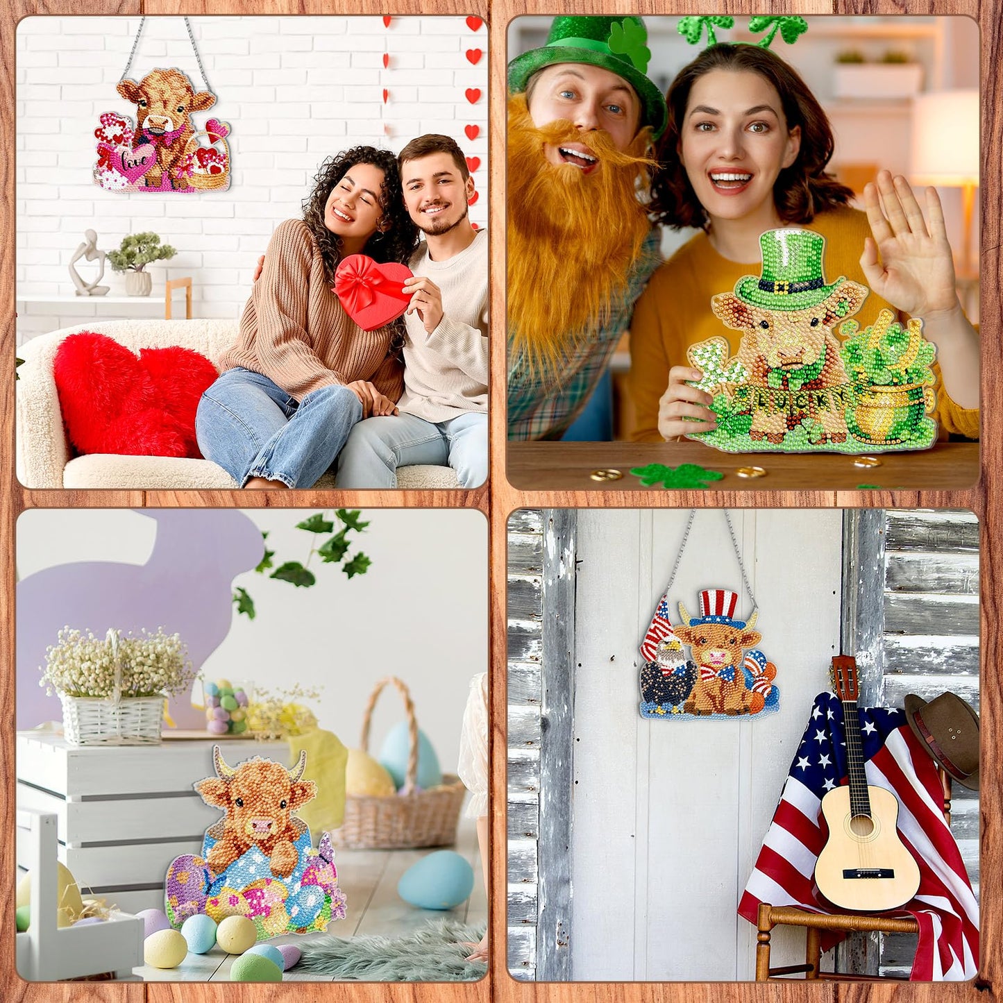 Cinnvoice 12 Pcs Seasonal Diamond Art Wreath Kits Holiday 5d DIY Diamond Painting Signs Germ Hanging Art Ornaments for Wall Door Decorations (Cow)