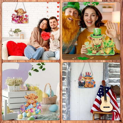 Cinnvoice 12 Pcs Seasonal Diamond Art Wreath Kits Holiday 5d DIY Diamond Painting Signs Germ Hanging Art Ornaments for Wall Door Decorations (Cow)