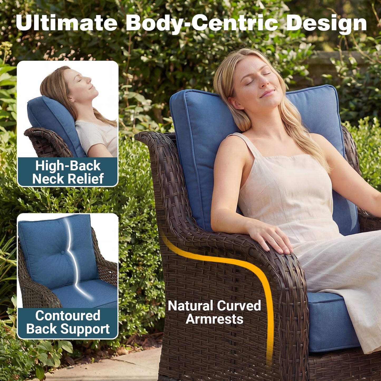 SAILARY Patio Furniture Set, 3PCS Outdoor Wicker Conversation Set Porch Furniture with 6" Thick Cushions, High Back Swivel Chairs, Weather Resistant Olefin Fabric for Garden, Poolside, Navy Blue