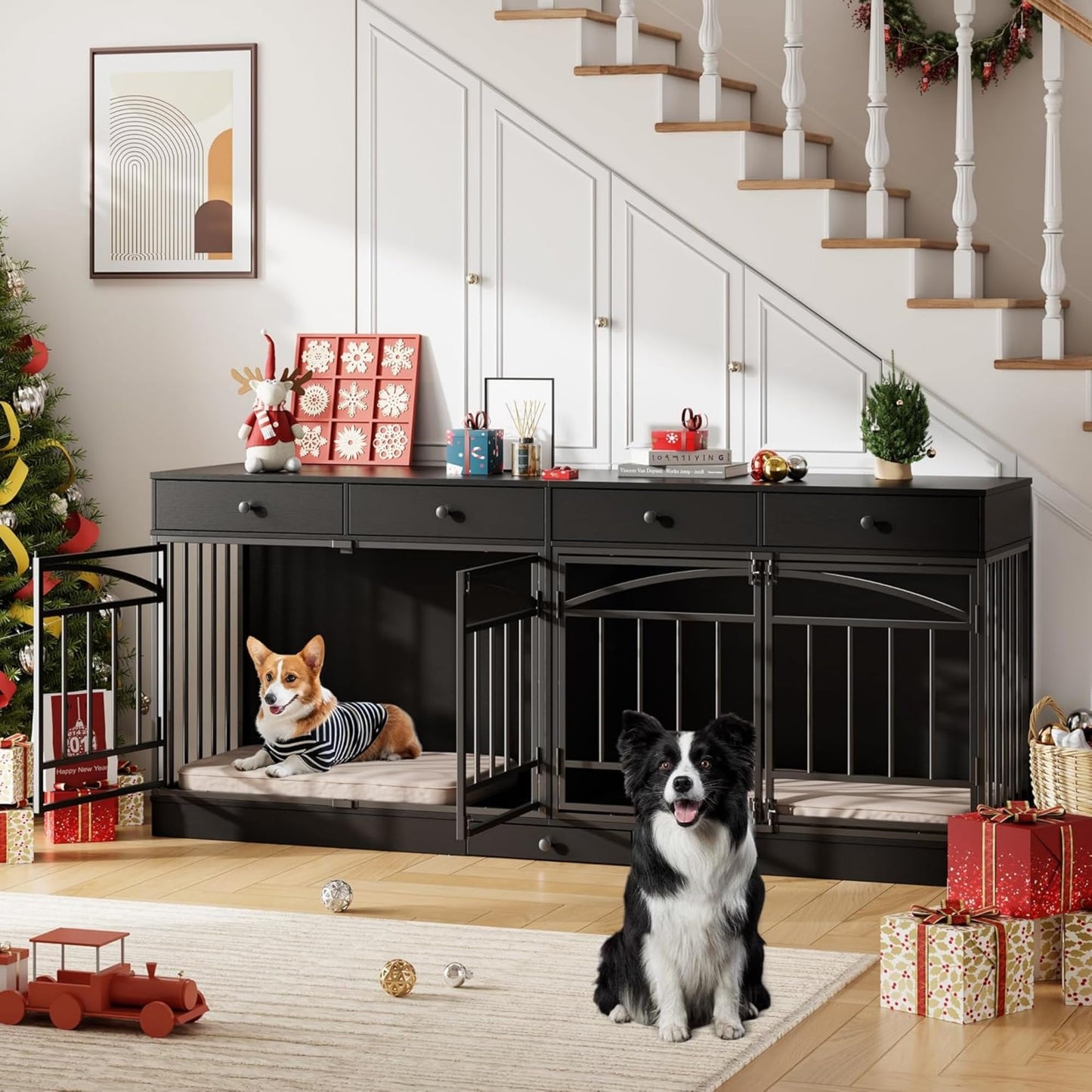 GAOMON Dog Crate Furniture for 2 Dogs, 78.7'' Large Dog Kennel Indoor with 4 Storage Drawers and Feeding Bowls, Double Dog Crate TV Stand for Small and Medium Dogs, Black