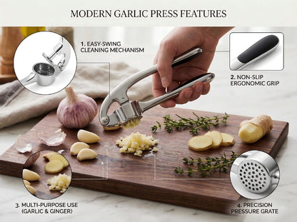 Heavy Duty Zinc Alloy Garlic Press & Mincer - Professional Rust-Proof Crusher for Garlic, Ginger and Nuts - Ergonomic Easy Squeeze Kitchen Gadget