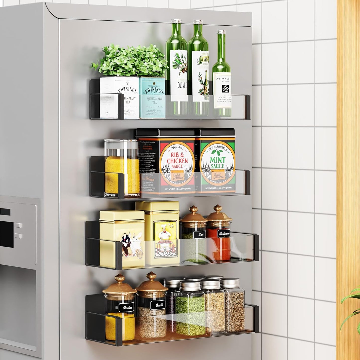 2/3/4 Pack Vetacsion Moveable Fridge Magnetic Spice Racks,Metal Black/White (Clear)