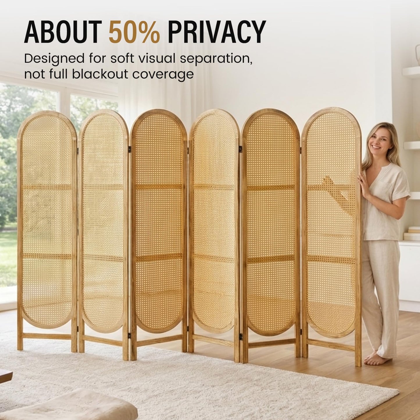 Aletheiawu Arched Rattan Room Divider 5.6 Ft Folding Privacy Screen, 6 Panel Freestanding Room Partition with Double Hinges, Lightweight Paulownia Wood Divider for Bedroom, Restaurant, Office, Natural