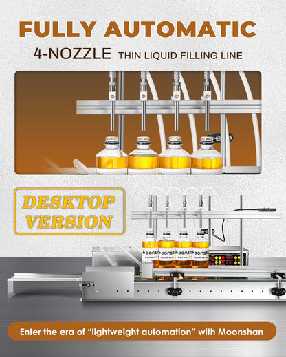 Moonshan 4-Nozzle Automatic Liquid Filling Machine Line 1-30 Ounce Bottle Filling Machine Bottle Filler with 35 Inch Belt Conveyor Desktop Version for Juice Wine Detergent