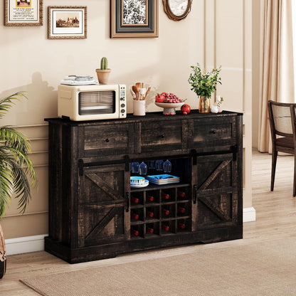 Giantex Wine Bar Cabinet with LED Lights, 52" Buffet Sideboard w/Sliding Barn Door, 3 Drawer, Adjustable Shelf, 12 Bottle Wine Rack & Glass Holder, Farmhouse Coffee Station for Living Room