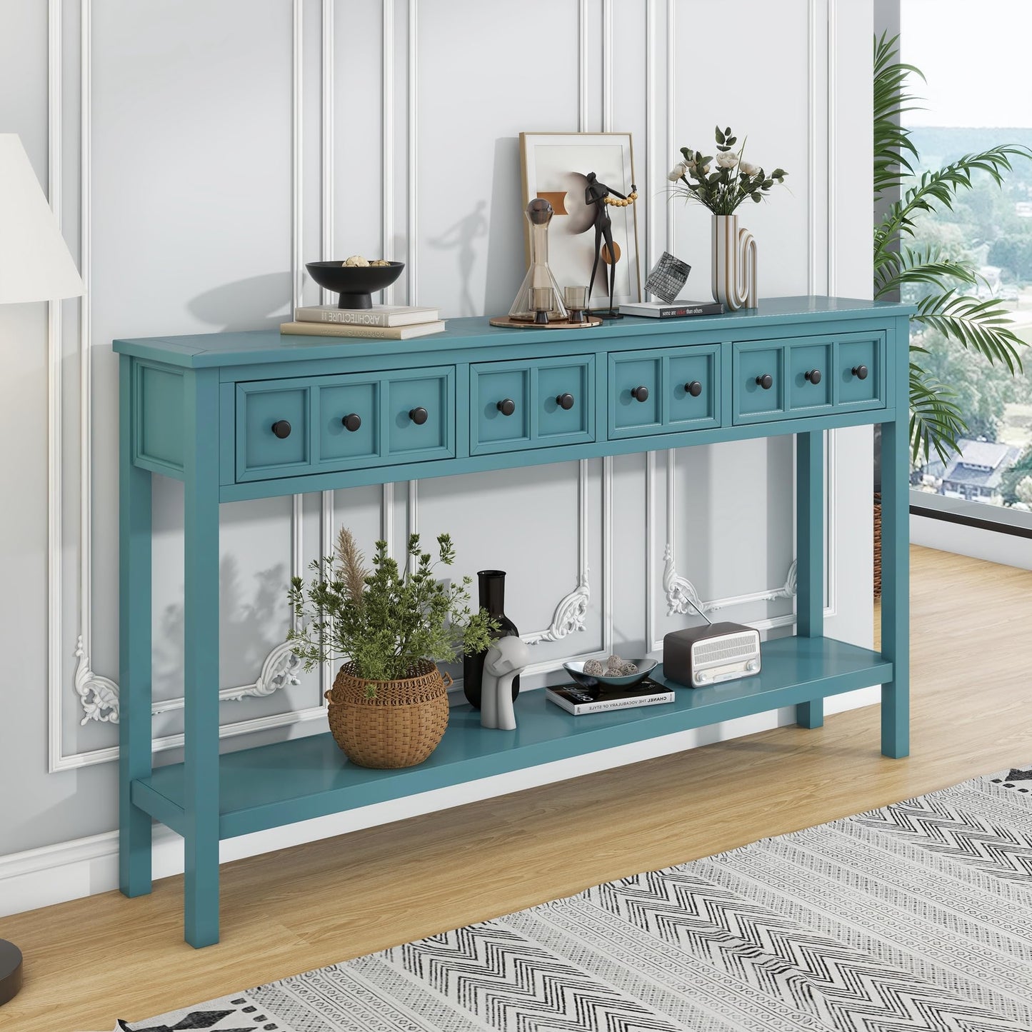 Merax Wood Farmhouse Entry Way Hallway Console Table with Drawers and Bottom Shelf Narrow Long Sidetable for Living Room Turquoise Green