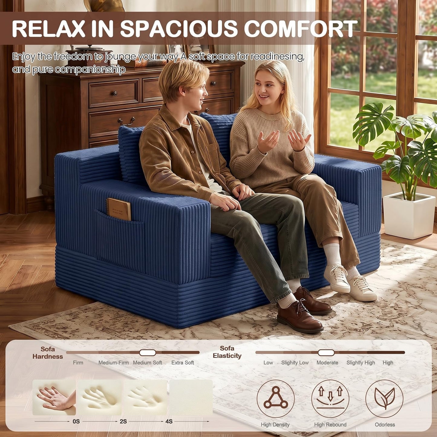 Winzoo Boneless Loveseat Couch Folding Sofa Bed, Foldable Floor Futon Sleeper Couch Bed - Convertible Sofa Bed, Corduroy Pull Out Sofa Bed with 2 Pillows for Living Room & Bedroom