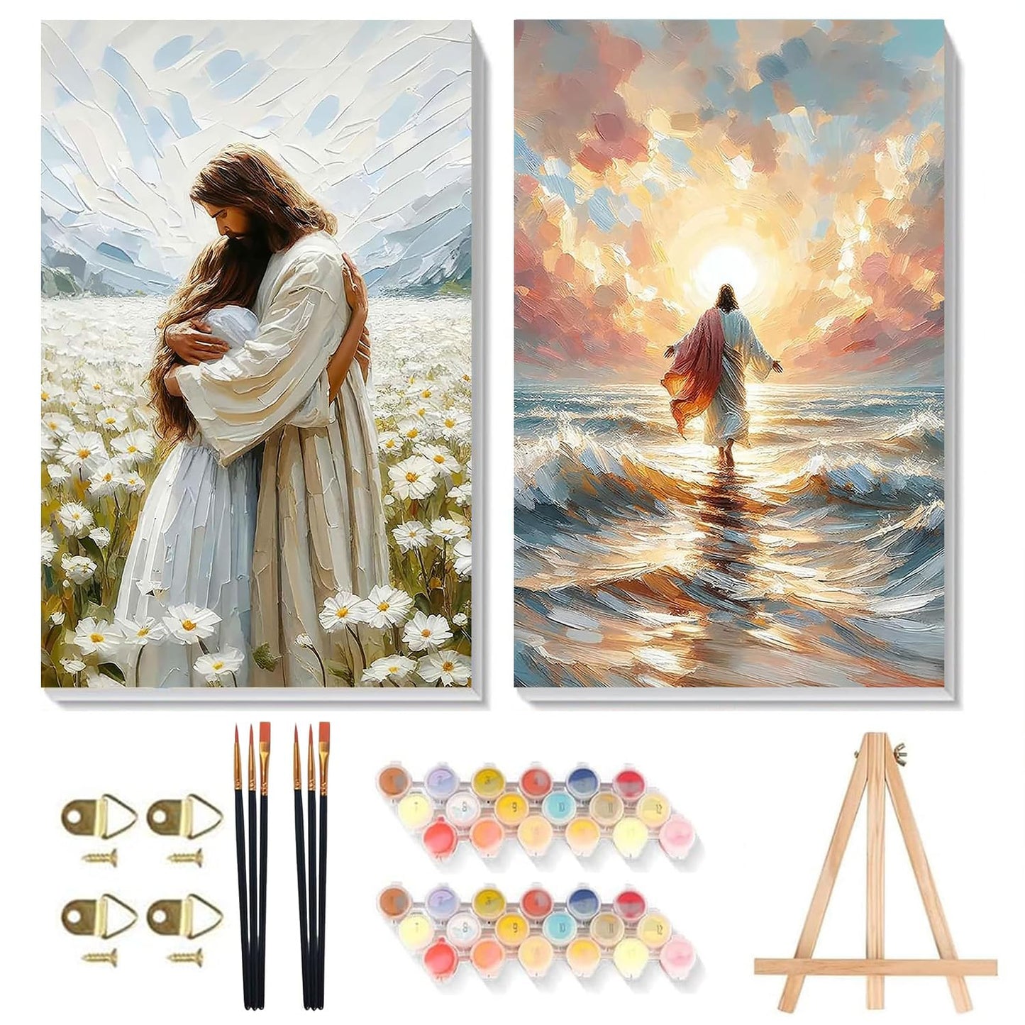 2 Pack Paint by Numbers Kit for Adults - Wooden Easel, Jesus Paint by Numbers with Frame, Christianity Adult Painting by Number Kits on Canvas, Easy Oil Painting Arts Gift Wall Decor 8x12inch
