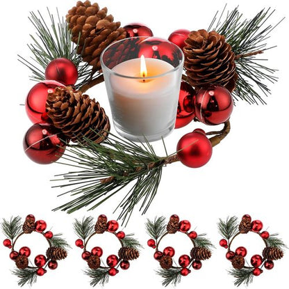 FoldTier Christmas Candle Rings - 4 Pcs Red Berries & Pine Needles Garland | Rustic Table Centerpieces