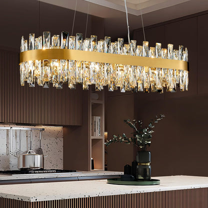 TMAFON Modern Brass Gold Crystal Chandelier, Rectangle K9 Crystal Raindrop Chandelier Lights, Contemporary Ceiling Hanging Light Fixtures for Kitchen Island Dining Room, Length 35.4 inches