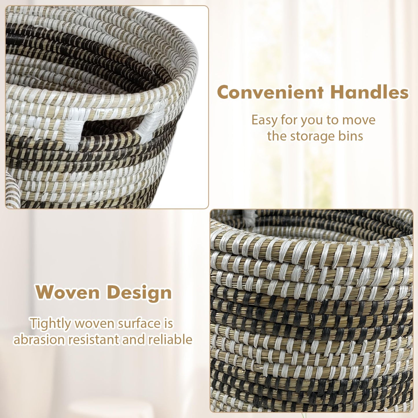 Giantex Woven Laundry Basket 24"/20"/16"- Set of 3 Stackable Storage Baskets with Handles, Large Oval Kans Grass Woven Baskets Laundry Hamper for Throw Blanket Clothes Living Room Bedroom