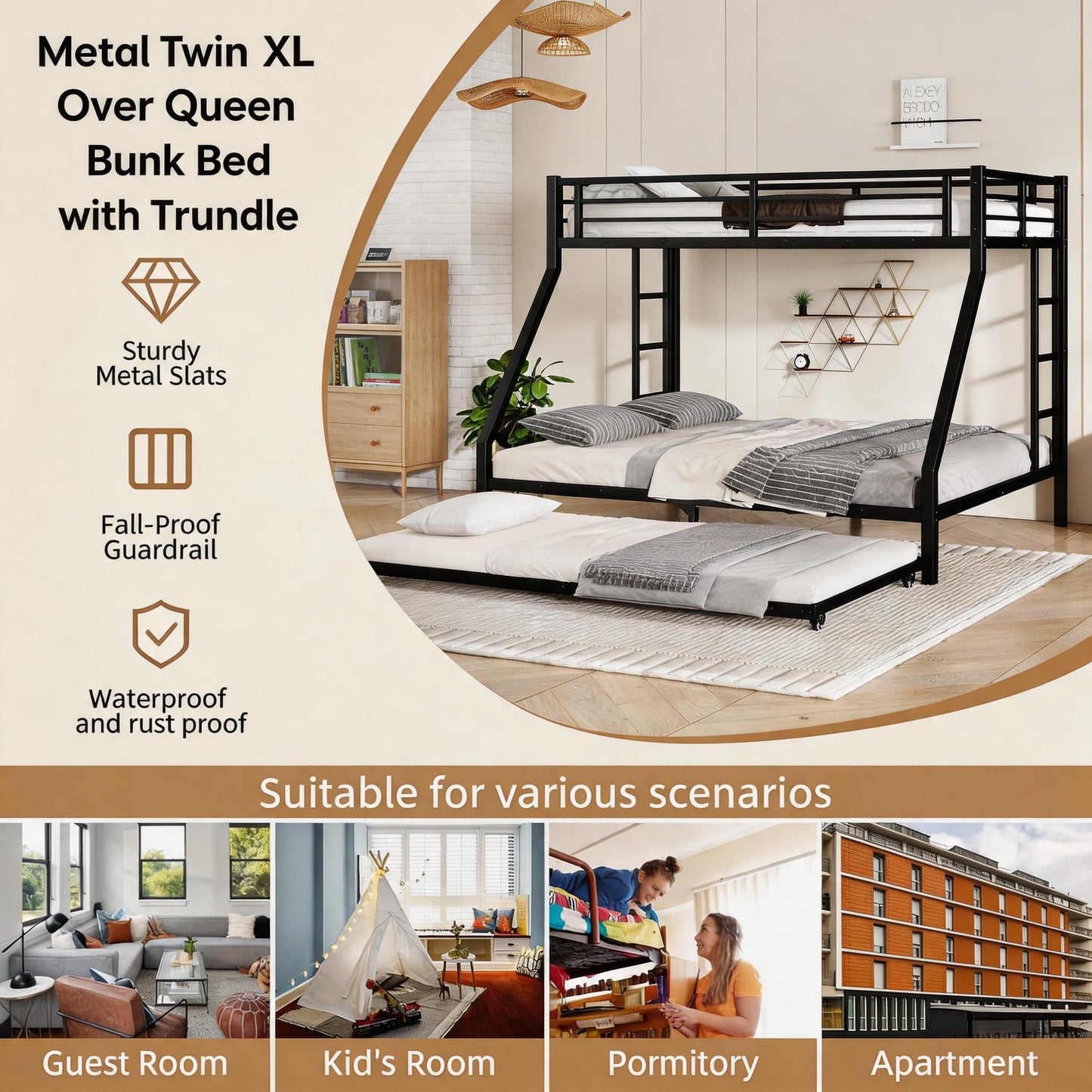 FammyLoft Twin XL Over Queen Bunk Bed with Twin Size Trundle, Heavy Duty Bunk Beds for Adults, Metal Bunk Bed Frame with Safety Guardrails & 2 Side Ladder, Space Saving Frame, Black