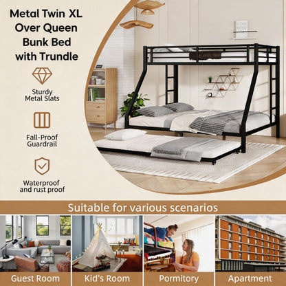 FammyLoft Twin XL Over Queen Bunk Bed with Twin Size Trundle, Heavy Duty Bunk Beds for Adults, Metal Bunk Bed Frame with Safety Guardrails & 2 Side Ladder, Space Saving Frame, Black
