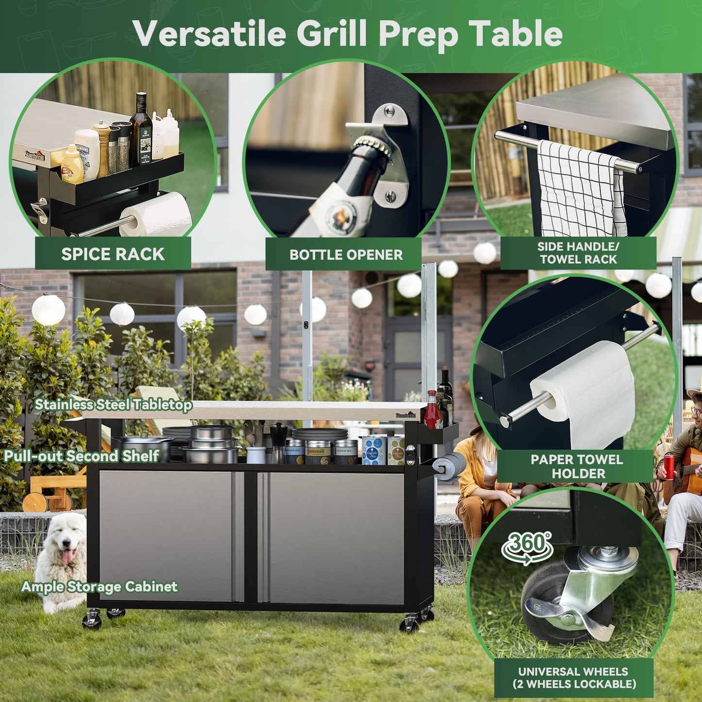 Stanbroil Rolling Outdoor Kitchen Island, BBQ Grill Cart with Stainless Steel Table Top, Double-Door Storage Cabinet & Pull-Out Shelf, Grill Table Cart for Outdoor Indoor, Large