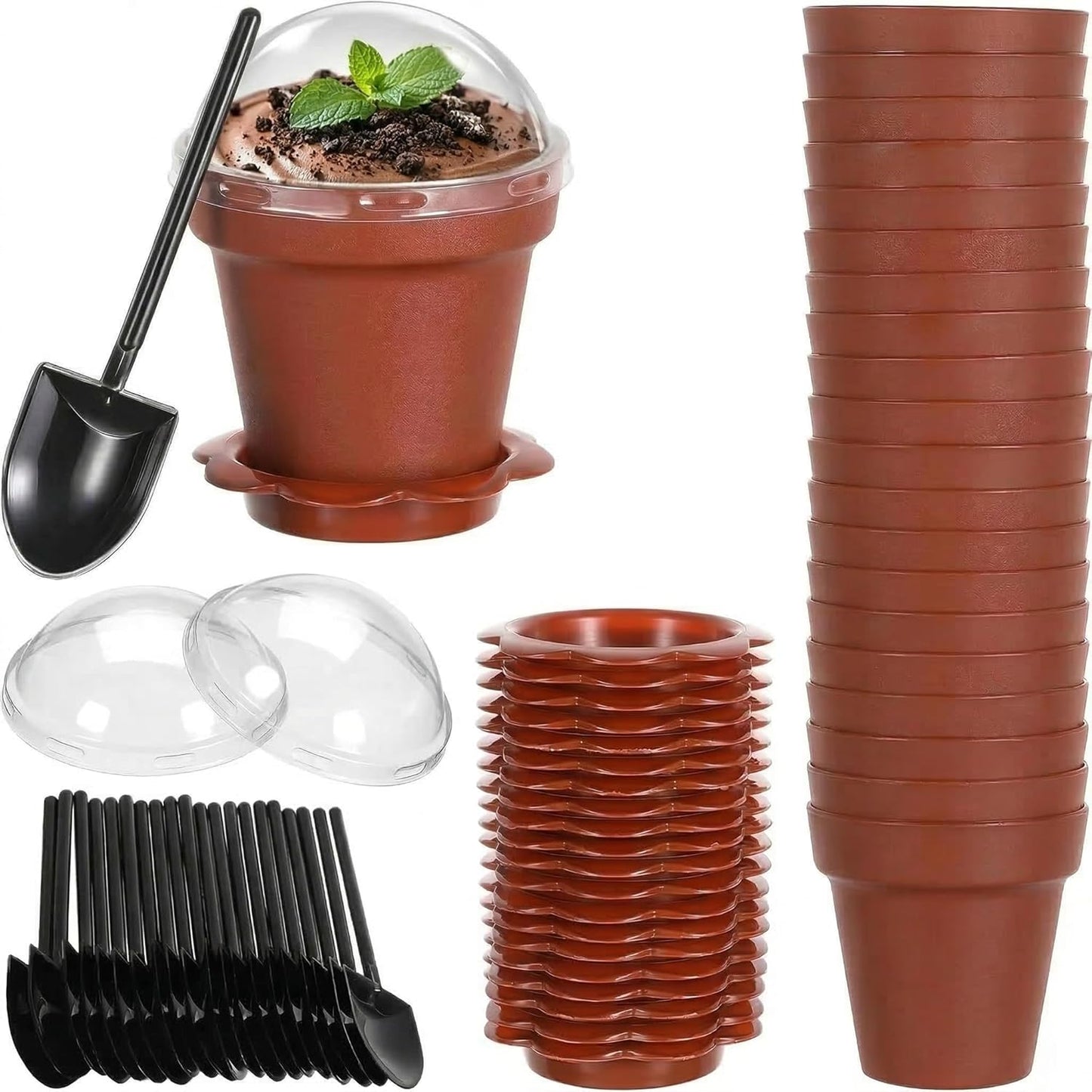 20 Pack 6.7 oz DOITOOL Flower Pot Dessert Cups with Lids and Spoons, Mini Plastic Chocolate Pudding Cups, Cute Mini