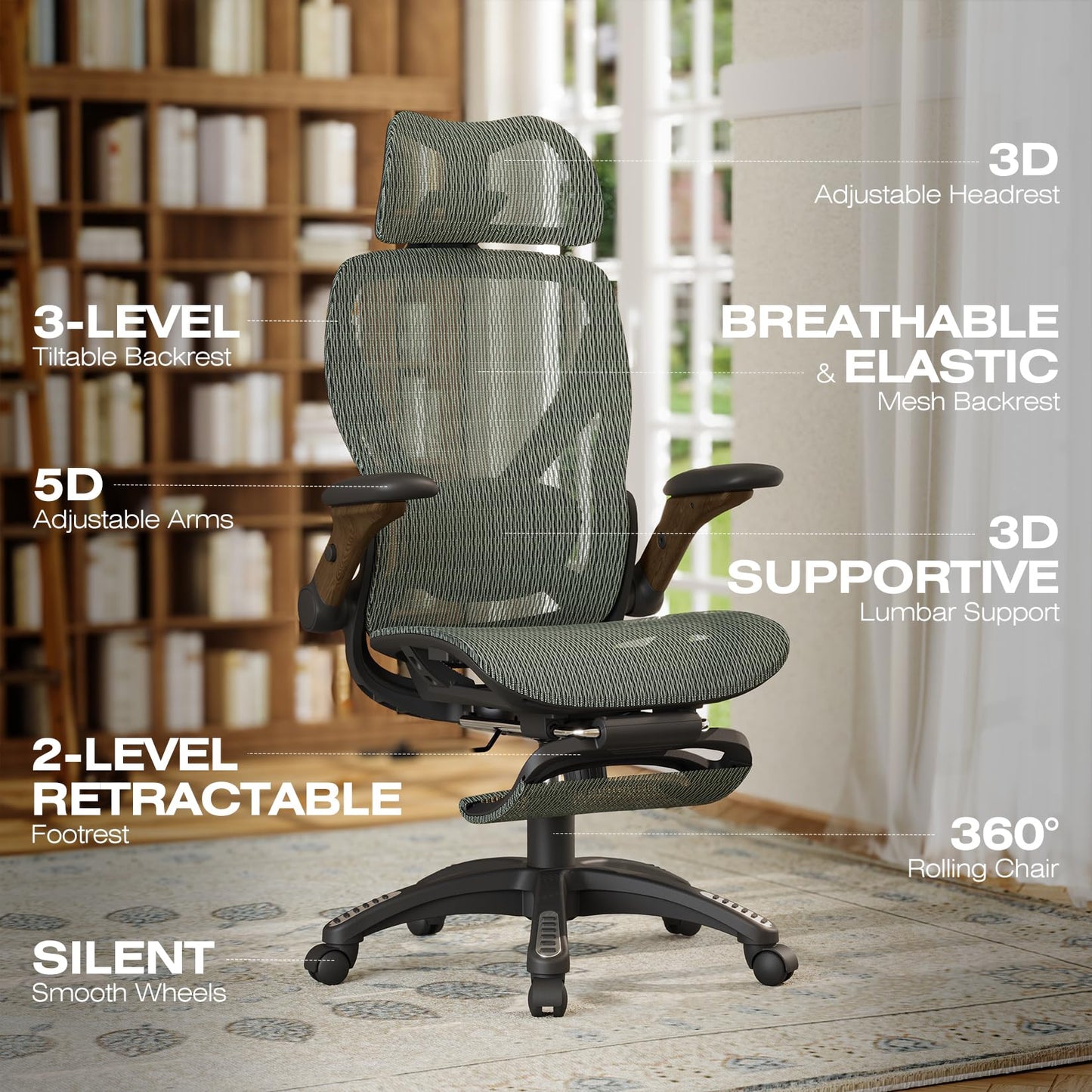 ELABEST X100 Ergonomic Mesh Office Chair with Footrest, Big and Tall Hone Desk Chair with 5D Flip-Up Arms, Adjustable 3D Lumbar Support,Gaming & Executive Computer Chairs