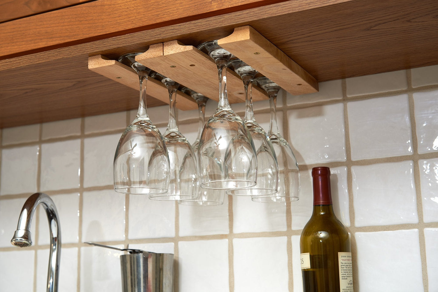Fox Run Mounted Under Cabinet Wooden Wine Glass Holder Rack, 11 x 7 x 0.75 inches, Brown