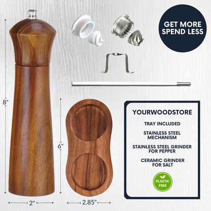 Wooden Salt and Pepper Grinders Set Mill with Tray, Premium Acacia Wood, 100% Plastic Free, Adjustable Coarseness with Stainless Steel and Ceramic Core, Great Gift, 8” Set of 2