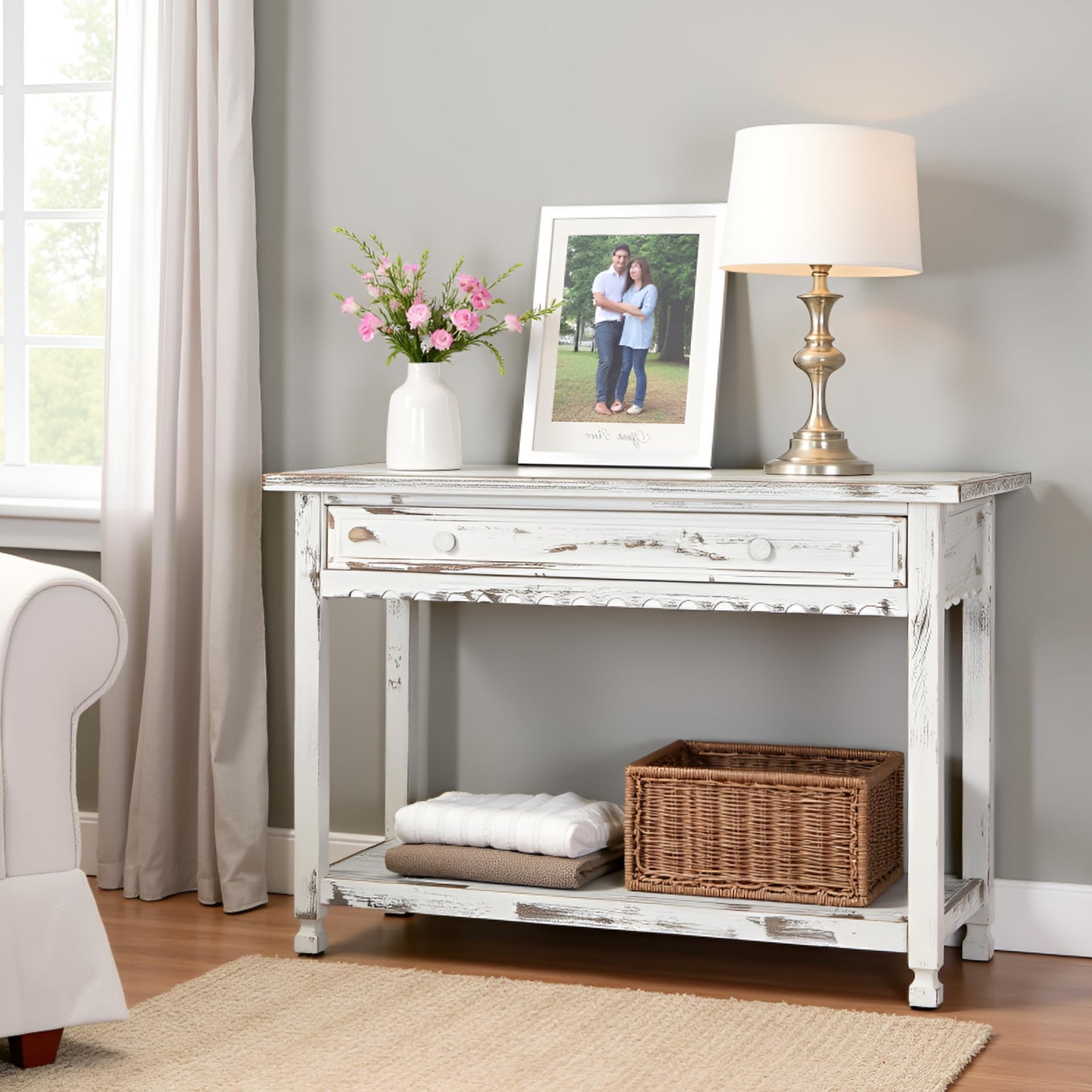 Alaterre Furniture Rustic Country Cottage Console Table with 1 Drawer & 1 Shelf, Distressed Finish - Perfect for Living Room, Entryway, Hallway