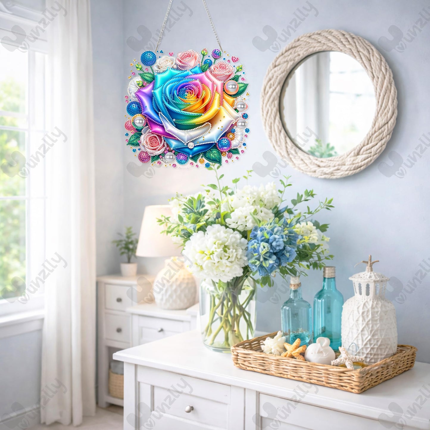 Yunzlly DIY Hanging Diamond Art Pendant Kit, Special Crystal Double Sided Diamonds Painting Ornament Kit for Adults, Acrylic Gem Painting Board for Window&Door&Wall (Rose Flower)