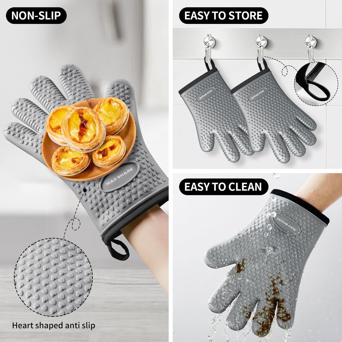 MAD SHARK Silicone Oven Mitts Heat Resistant 450 Degrees,Waterproof & Non-Slip Oven Gloves with Fingers,Cotton Lined Silicone Oven Gloves Kitchen Mitts for Baking Cooking Barbecue,Women,Oven (GREY1)
