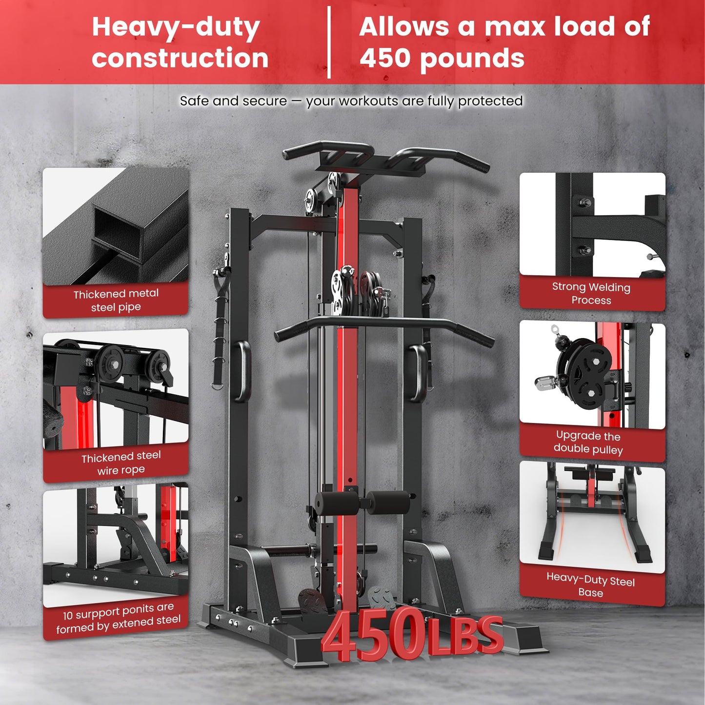 Pull Up Bar Power Tower Dip Station,Cable Machine-Integrated 450LBS Multi-Function Adjustable Height Fitness Strength Training Equipment for Home Gym Strength Training Equipment