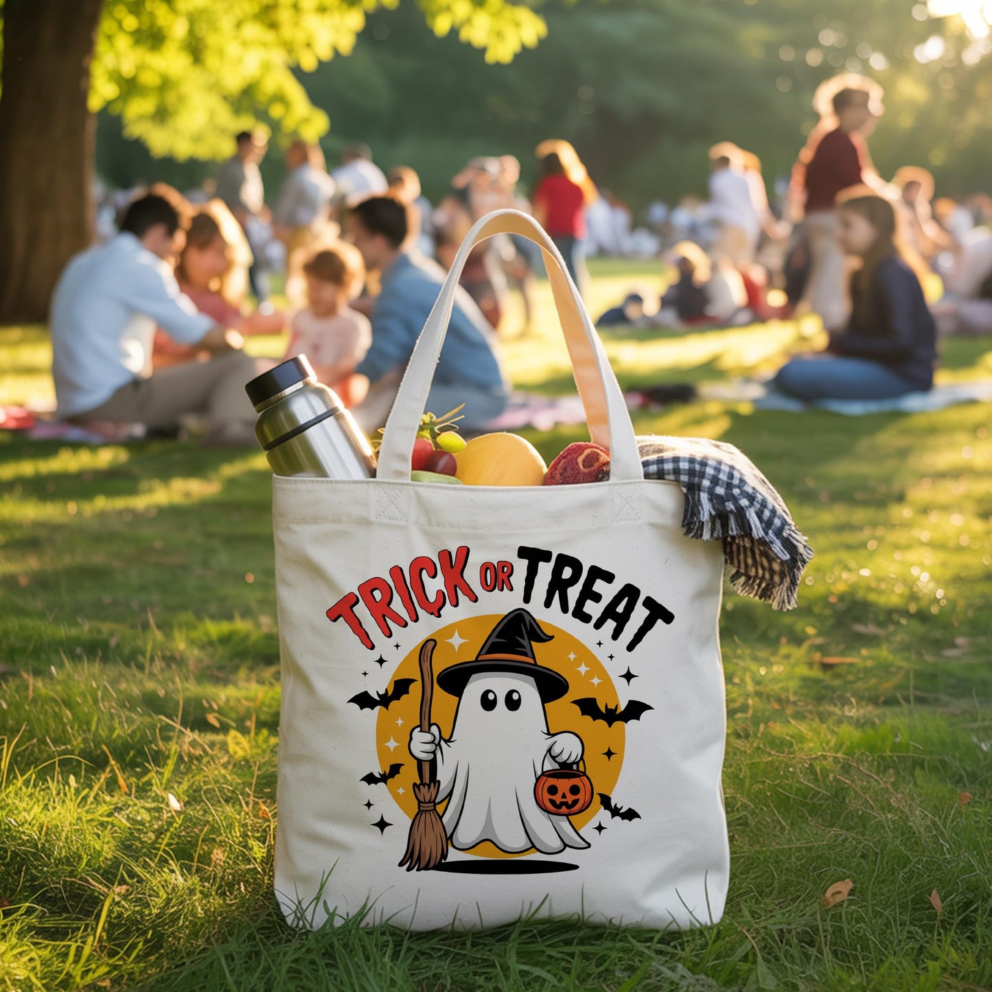 LRYBUD Funny Halloween Tote Bag Trick or Treat for Women Canvas Womens Work Tote Bag Gifts