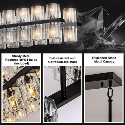 Plsintly Crystal Black Rectangular Chandelier Light Fixture,72 in Large Dining Room Chandelier Over Table,Modern Chandeliers for Living Room,Arcachon Chandeliers,Kitchen Island,Includes 80xG4 Bulbs