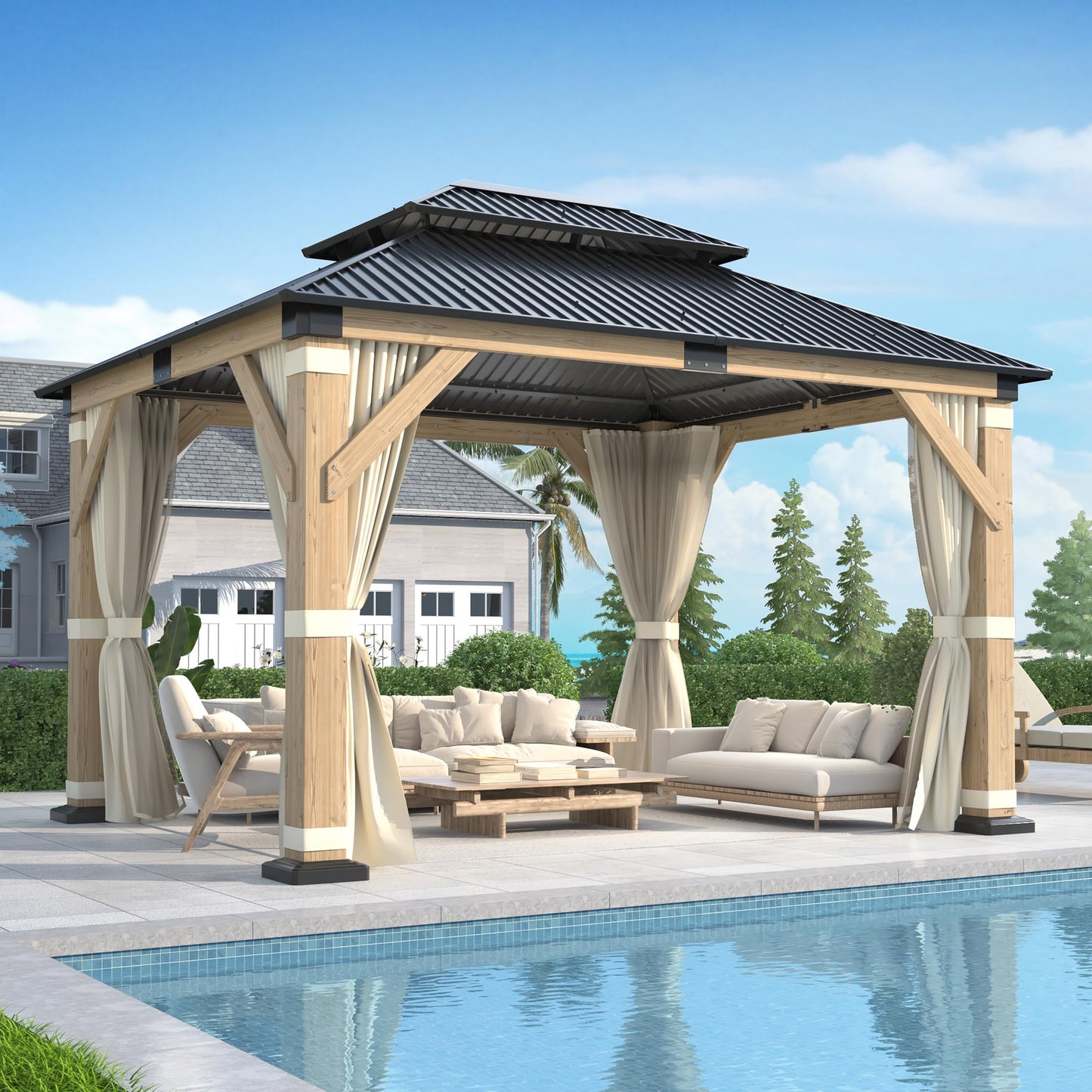 GARTOO 10' x 12' Outdoor Wooden Gazebo - Patio Hardtop Gazebo Permanent Wooden Pavilion with Galvanized Steel Double Roof, Wood Gazebos with Privacy Curtains and Netting for Garden, Lawn, Backyard