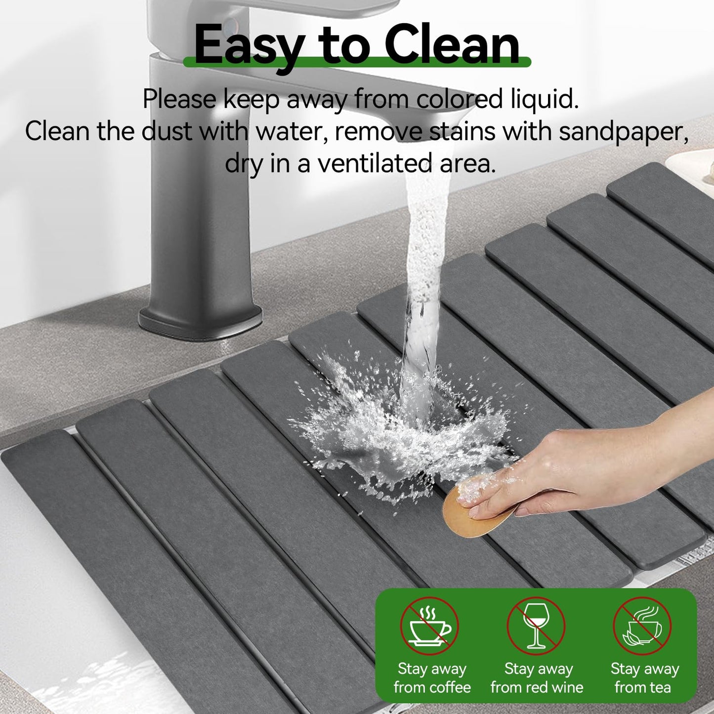 Large Stone Drying Mat for Kitchen Counter, 24"x16" Collapsible Diatomaceous Earth Drying Mat, Instant Absorbent Dish Drying Pad, Stone Drying Rack Space Saver Drying Board for Kitchen Sink, Gray