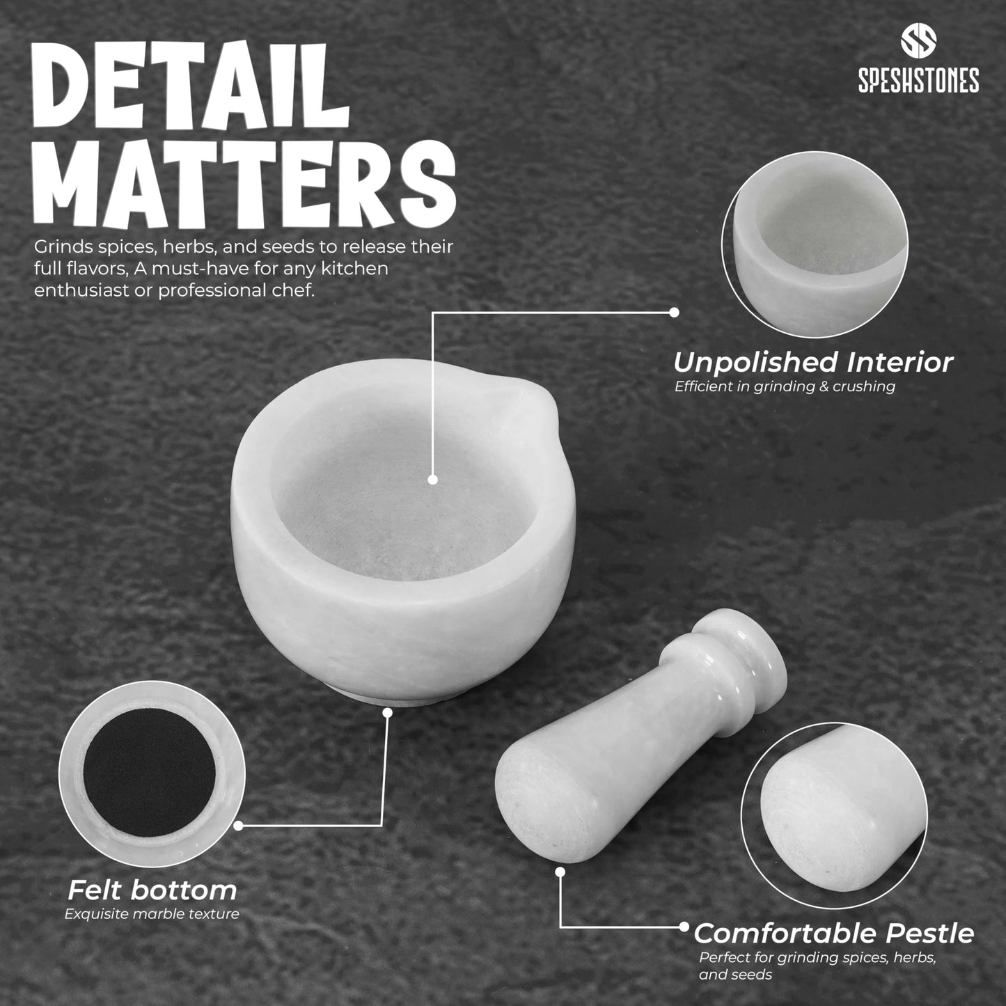 SPESHSTONES Marble Mortar and Pestle Set Handmade 3 Inch White Stone Pill Crusher Fine Powder - Spice Grinder Manual for Kitchen Decor, Herb Grinding Bowl & Small Garlic Crusher