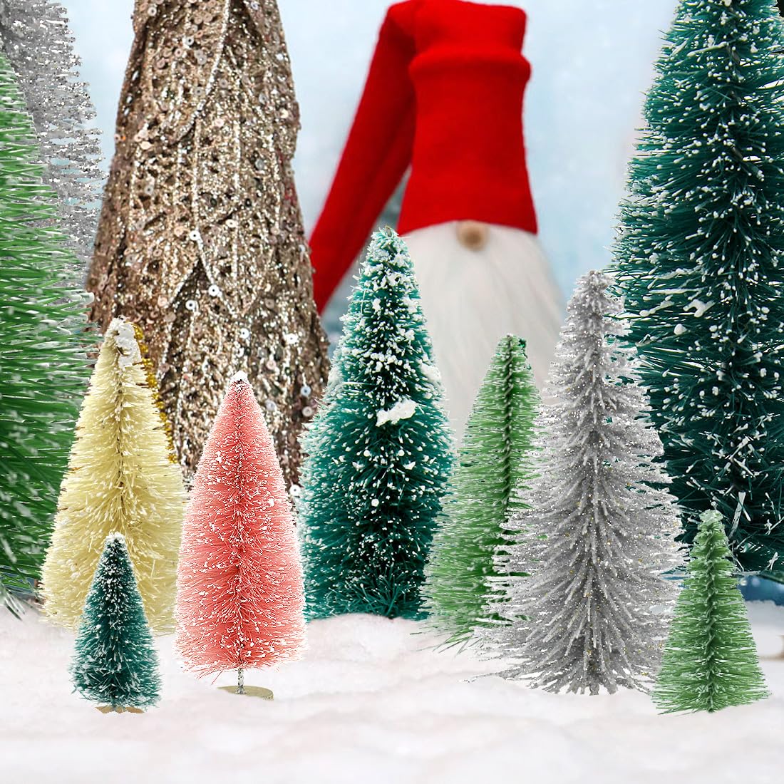 30 PCS Mini Bottle Brush Christmas Trees with Wood Base, Small Pine Tree Sisal Trees for Christmas Table Top Decor Winter Crafts Ornaments