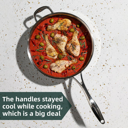 DELUXE Hybrid Ceramic Nonstick 3.7 Qt Deep Sauté Pan with Lid, Stainless Steel Skillet with Stay-Cool Handles, Dishwasher and Oven-Safe, PFOA Free Deep Frying Pan, Compatible with All Cooktops