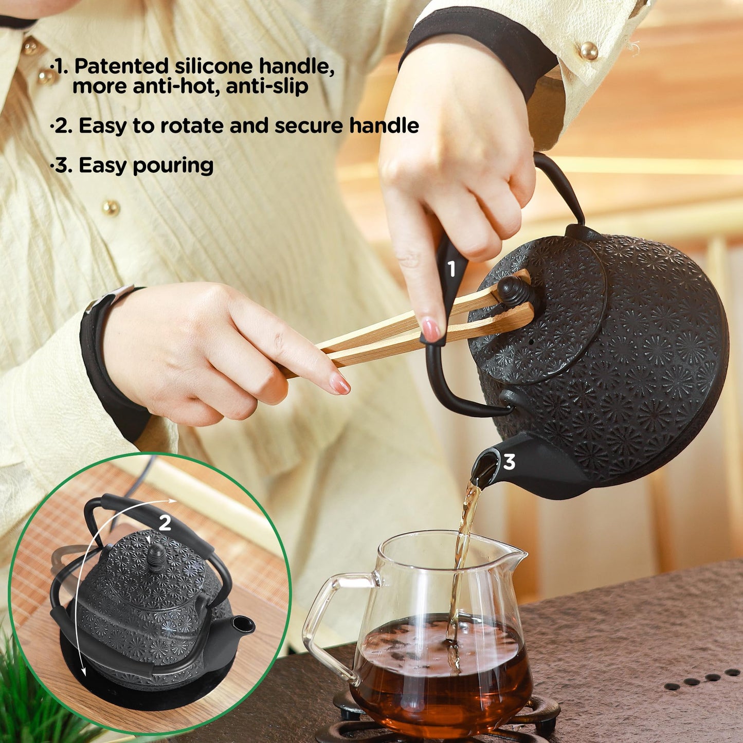 MILVBUSISS Cast Iron Teapot, 32oz Japanese Sakura Blossom Pattern Tea Kettle, Stovetop Safe, Infuser for Loose Leaf & Coffee, Silicone Handle, Enamel Interior, 950ml Blue