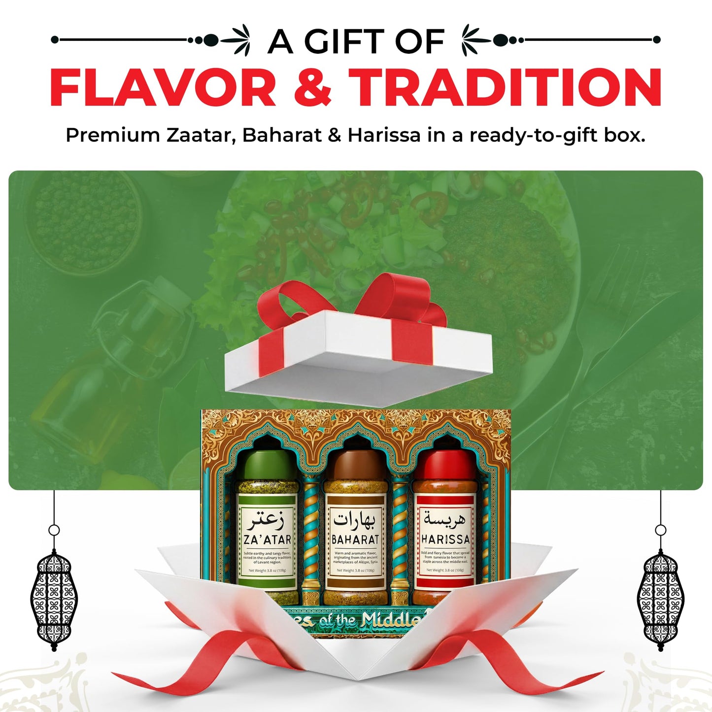 Spices of the Middle East – Zaatar, Baharat, Harissa – Arabic Seasonings in Decorative Box – Father’s Day Gift, Christmas, Mother’s, Premium Ingredients