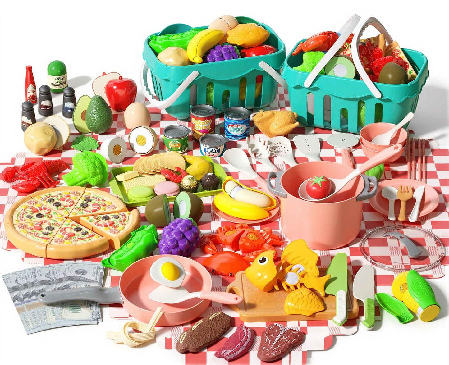 150Pcs Kitchen Playset, Toddlers Pretend Cooking Cookware Accessories, Food, Picnic Blanket, Fruits, Veges, 2Pack Shopping Storage Basket, Dessert and Prop Money, Gift for Kids (Pink)