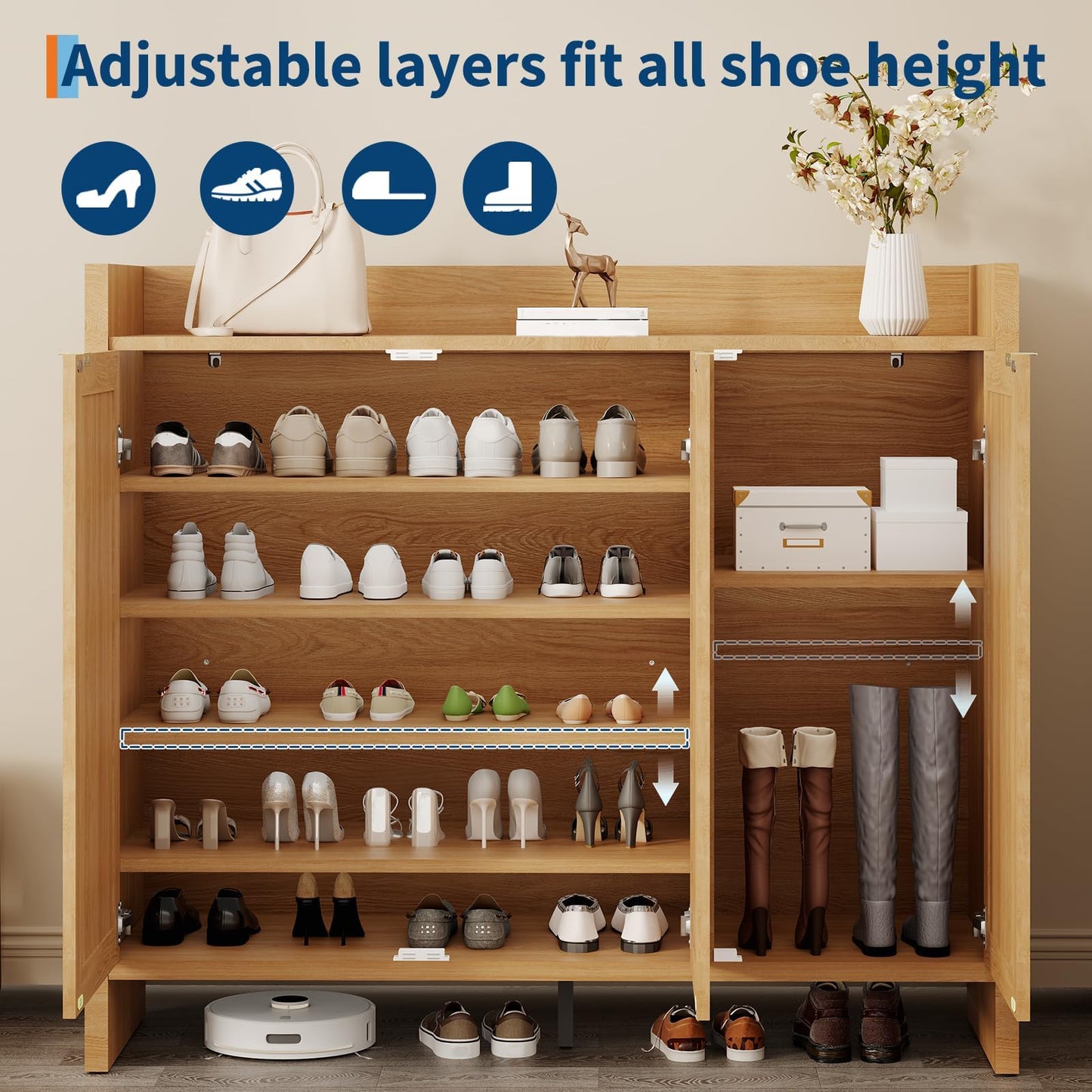 GarveeHome Rattan Shoe Storage Cabinet, Wooden Shoe Rack Organizer Cabinet with 3 Doors and Adjustable Shelves for Entryway Living Room Hallway, Dark Oak