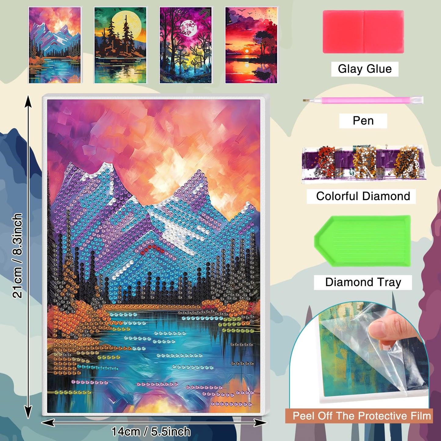 Mooliwe 4 Pcs Diamond Painting Notebook for Adults, Diamond Art Journal DIY Art Kits Sets A5 Leather Painting Sketchbook Christmas Gifts for Adults Beginners(Forests)