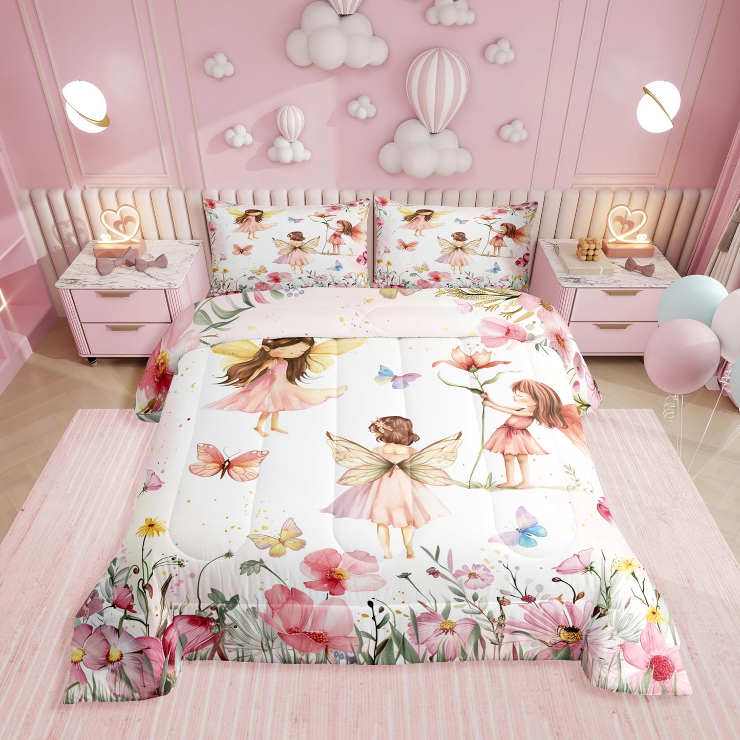 Erosebridal Dreamy Fairy Twin Comforter Set,Pink Fairy Garden Bedding Sets for Girls Kids,Cute Floral Butterfly Quilt Bed Set,Princess Girly Coquette Bedroom Decor,1 Pillowcase Reversible