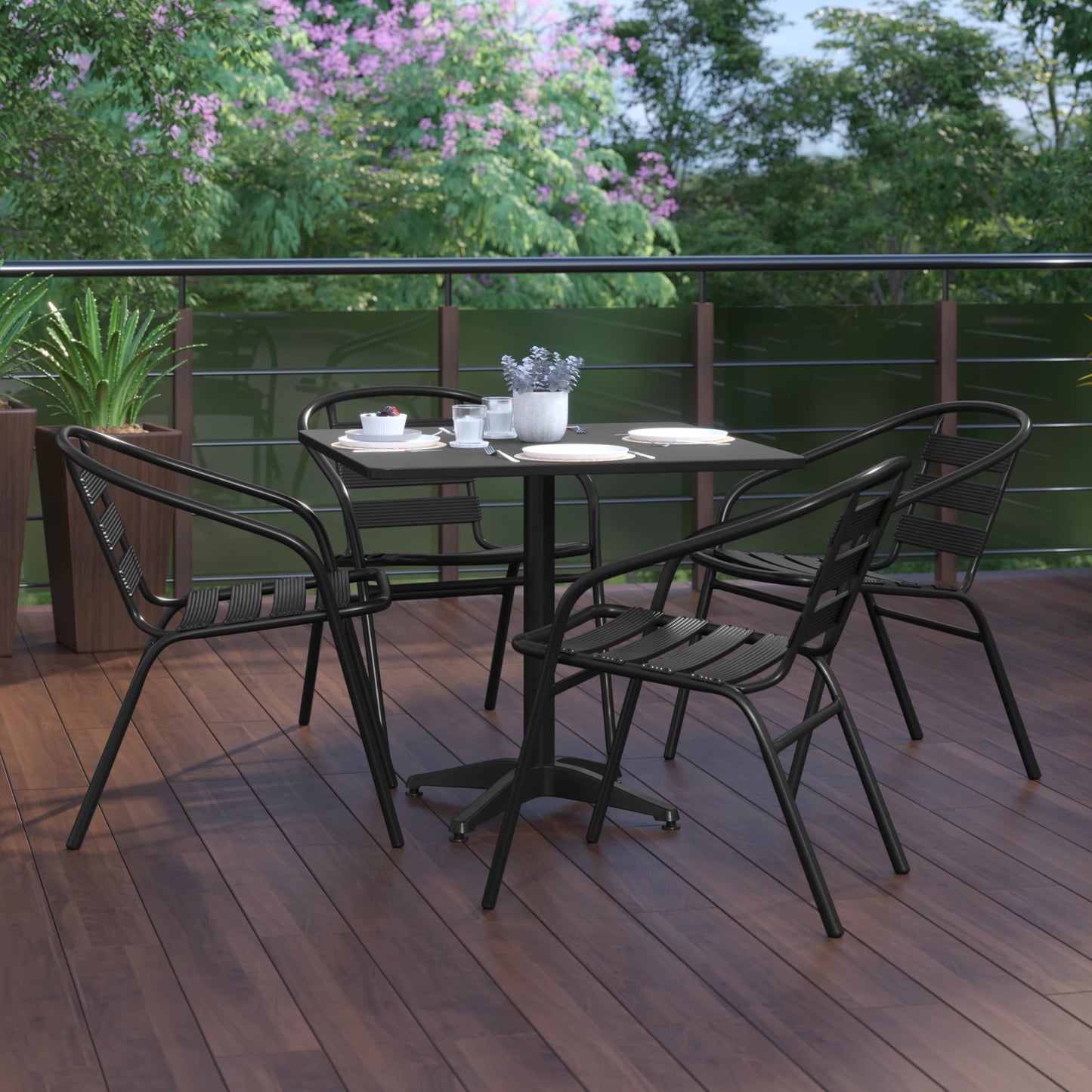 Flash Furniture TLH-ALUM-32SQ-017BK4-GG Lila 31.5'' Square Aluminum Indoor-Outdoor Table Set with 4 Slat Back Chairs, Black