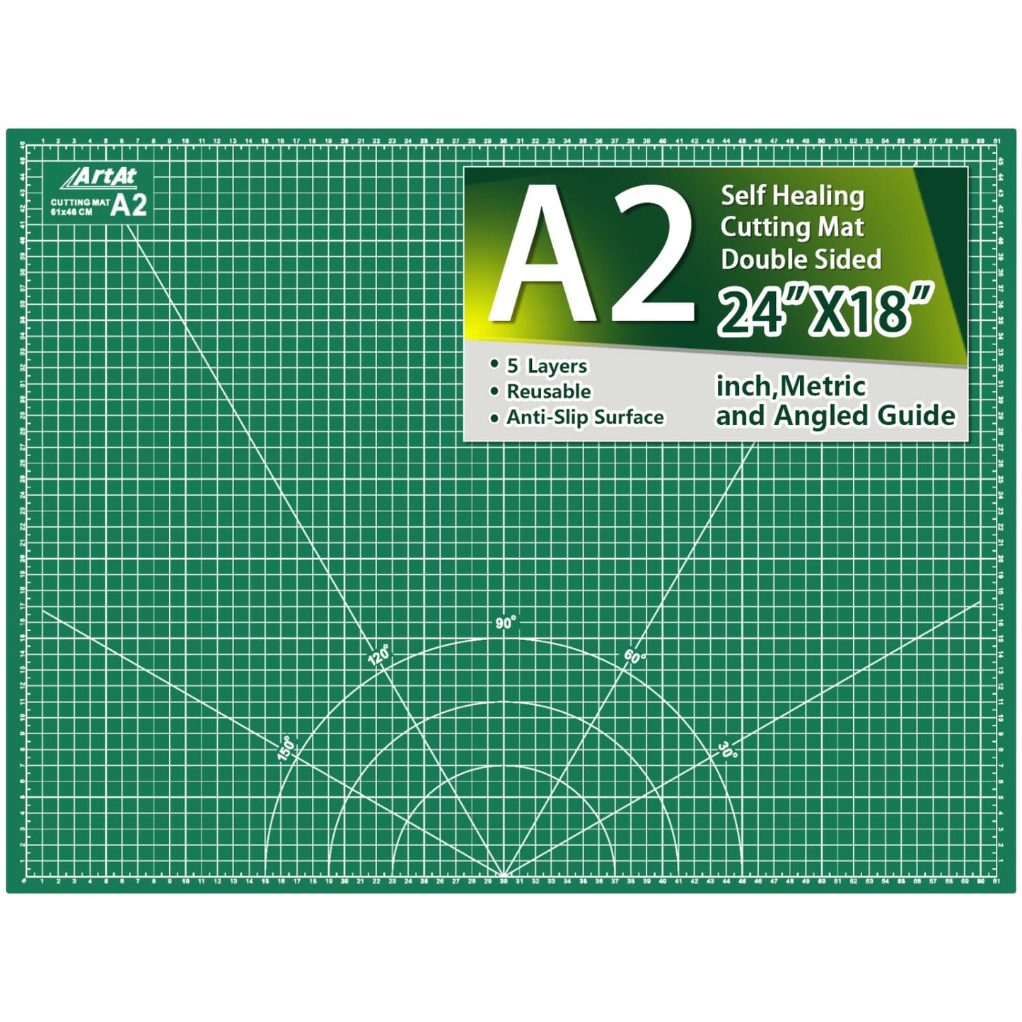 ArtAt Self Healing Cutting Mat: 18″x 24″ Green Double Sided, Non-Slip 5 Layers PVC Durable A2 Sewing Craft Mat for Rotary Cutter, Use for Quilting, Scrapbooking and Craft & Art Projects…
