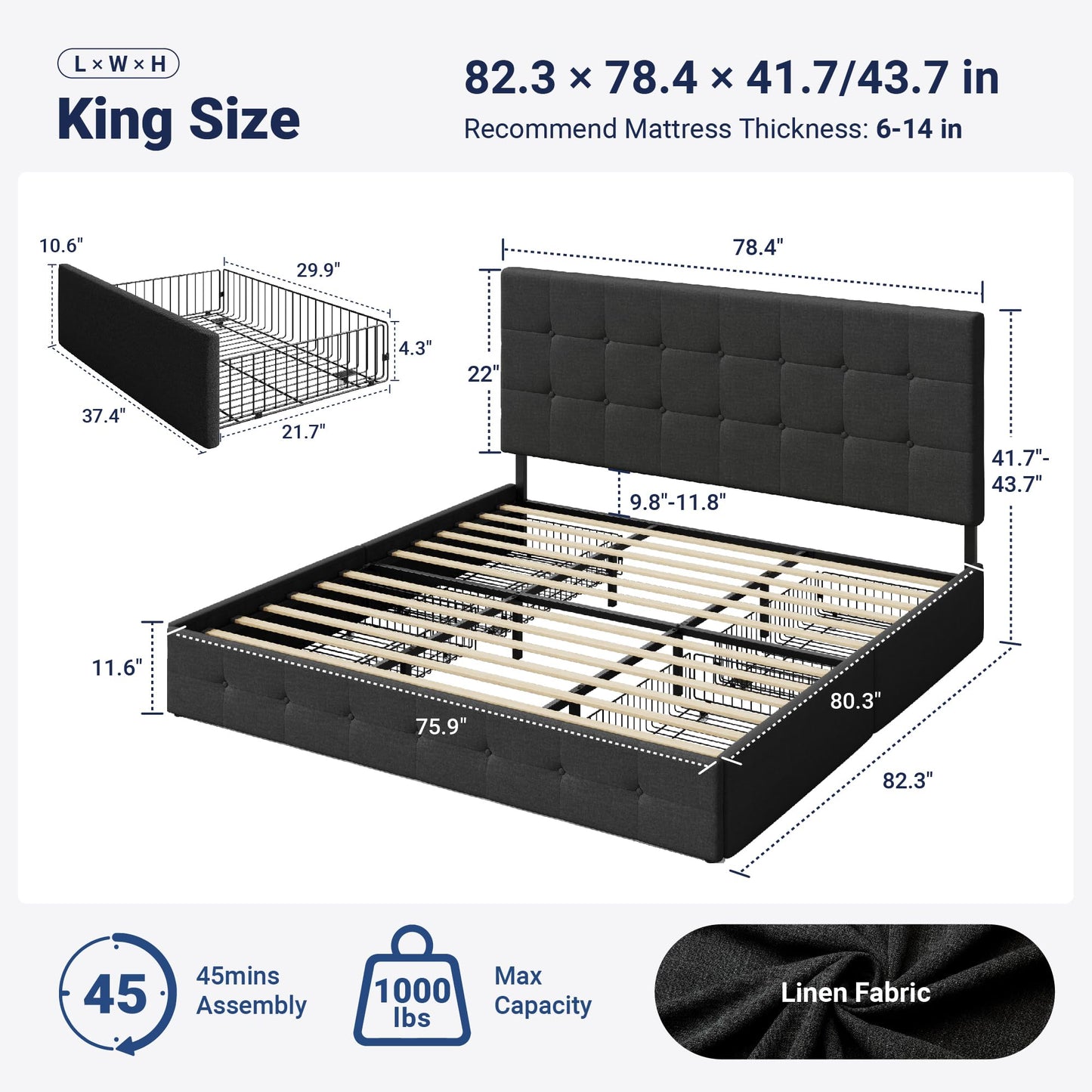 Allewie Upholstered King Size Platform Bed Frame with 4 Storage Drawers and Headboard, Square Stitched Button Tufted, Mattress Foundation with Wooden Slats Support, No Box Spring Needed, Dark Grey