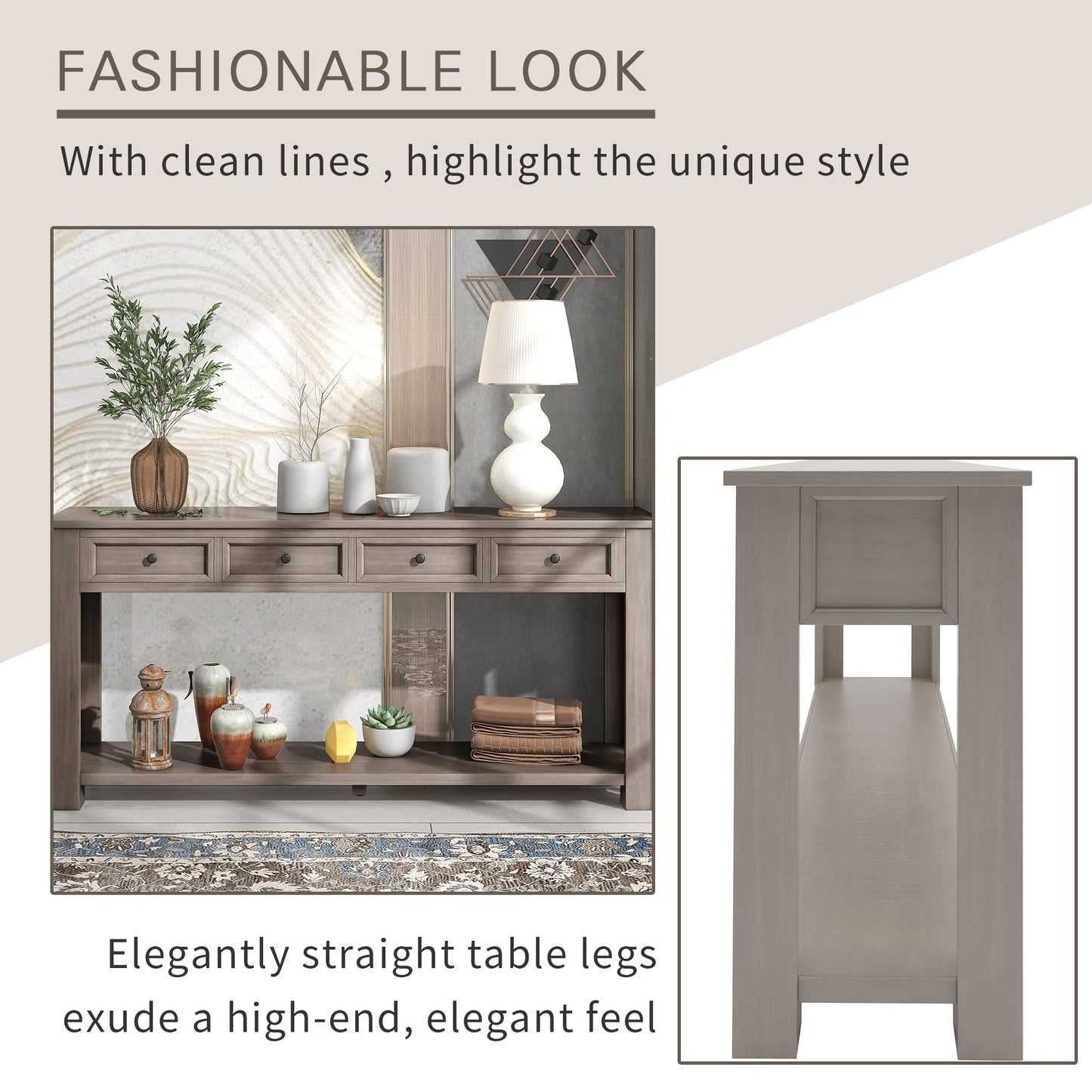 Brisca Solid Wood Console Sofa Table with 4 Drawers and Tabletop,Bottom Shelf for Entryway Hallway or Living Room,Space Saving,Easy to Assemble,Gray Wash,63" L×14" W×30" H