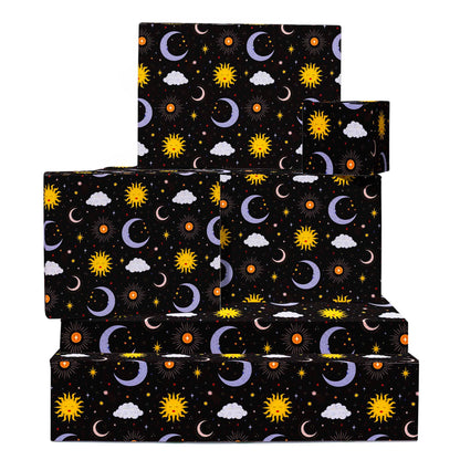 CENTRAL 23 Black Celestial Gift Wrap - 6 Sheets With Moons, Suns & Stars Galaxy - Birthday Wrapping Paper For Teens, Adults & Astrology Lovers - Christmas Holidays, Halloween - Recyclable